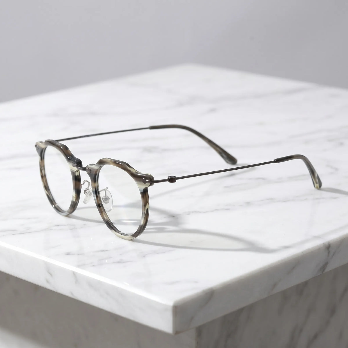 Barledear Smoke Stripe eyeglasses angled side view showing slim wire temples adjustable nose pads and bridge detail