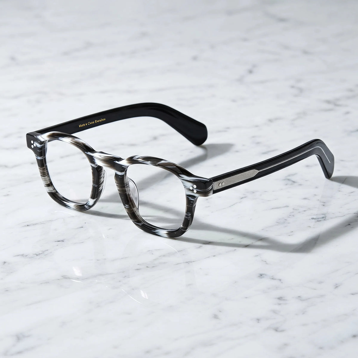 Barledear Smoke Stripe eyeglasses angled side view showing striped acetate front and bridge detail
