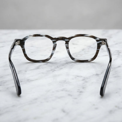 Barledear Smoke Stripe eyeglasses back view showing integrated nose pads, temple shape, and full-rim frame structure