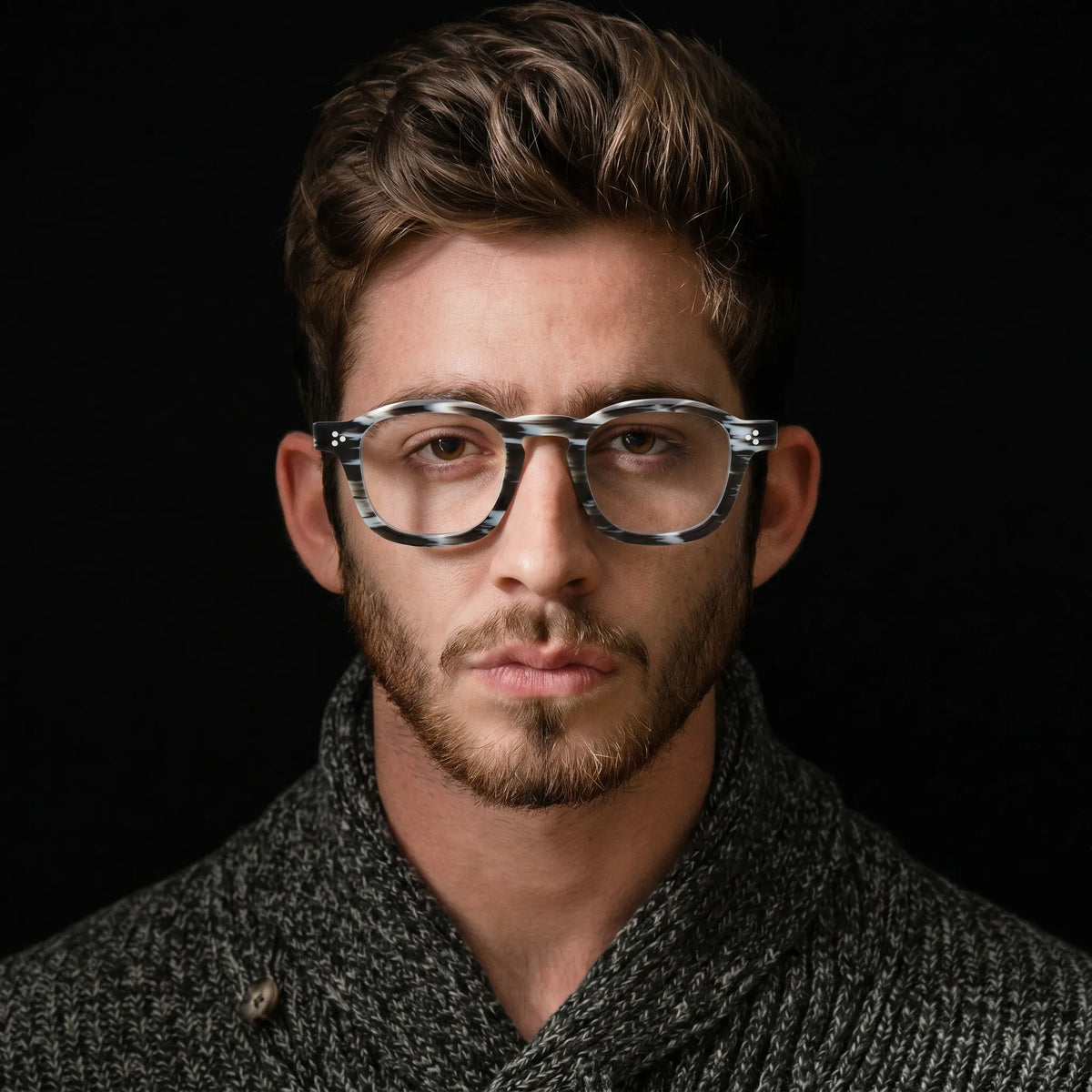 model wearing Barledear Smoke Stripe eyeglasses in a lifestyle portrait with retro square acetate frame