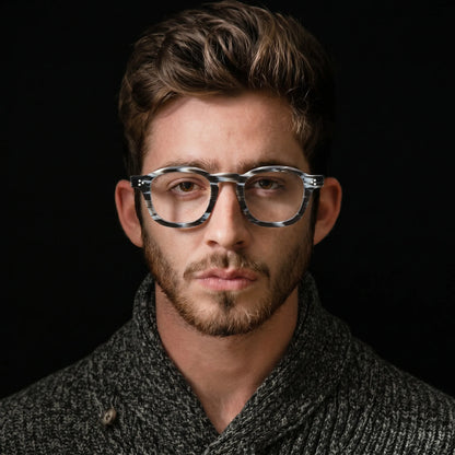 model wearing Barledear Smoke Stripe eyeglasses in a lifestyle portrait with retro square acetate frame
