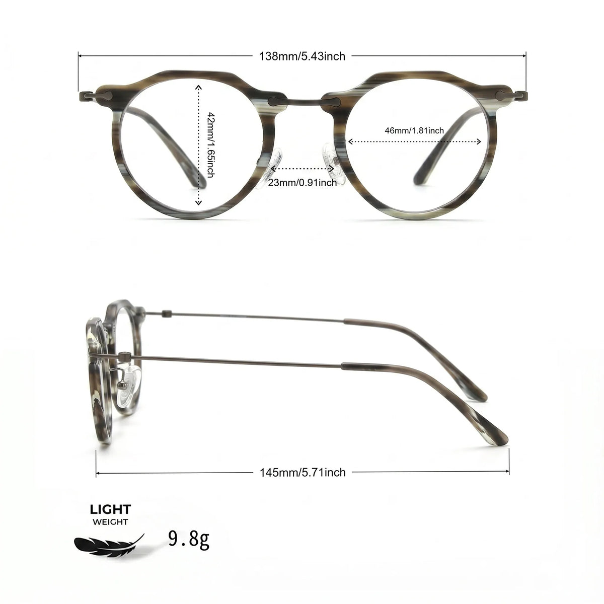 Barledear Smoke Stripe eyeglasses size chart with 138mm frame width 46mm lens width 42mm lens height 23mm bridge and 145mm temple measurements