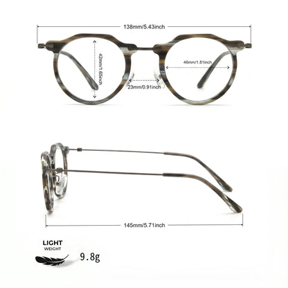 Barledear Smoke Stripe eyeglasses size chart with 138mm frame width 46mm lens width 42mm lens height 23mm bridge and 145mm temple measurements