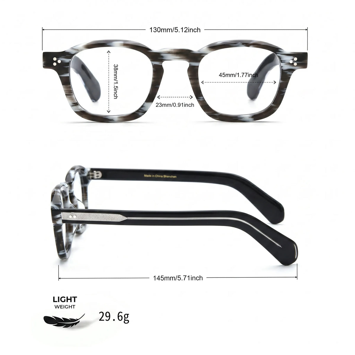 Barledear Smoke Stripe eyeglasses size chart with 130 mm frame width, 45 mm lens width, 38 mm lens height, 23 mm bridge, 145 mm temple length, and 29.6 g frame weight