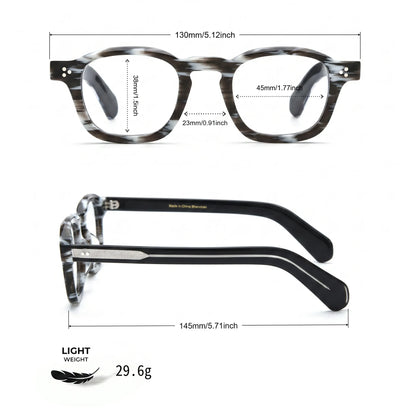 Barledear Smoke Stripe eyeglasses size chart with 130 mm frame width, 45 mm lens width, 38 mm lens height, 23 mm bridge, 145 mm temple length, and 29.6 g frame weight