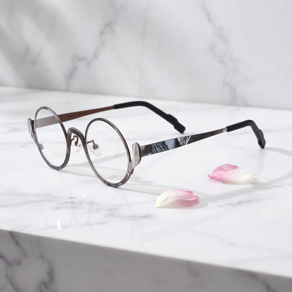 Barledear Smoky Cocoa eyeglasses angled side view showing slim temples, adjustable nose pads, and a lightweight round full-rim titanium frame