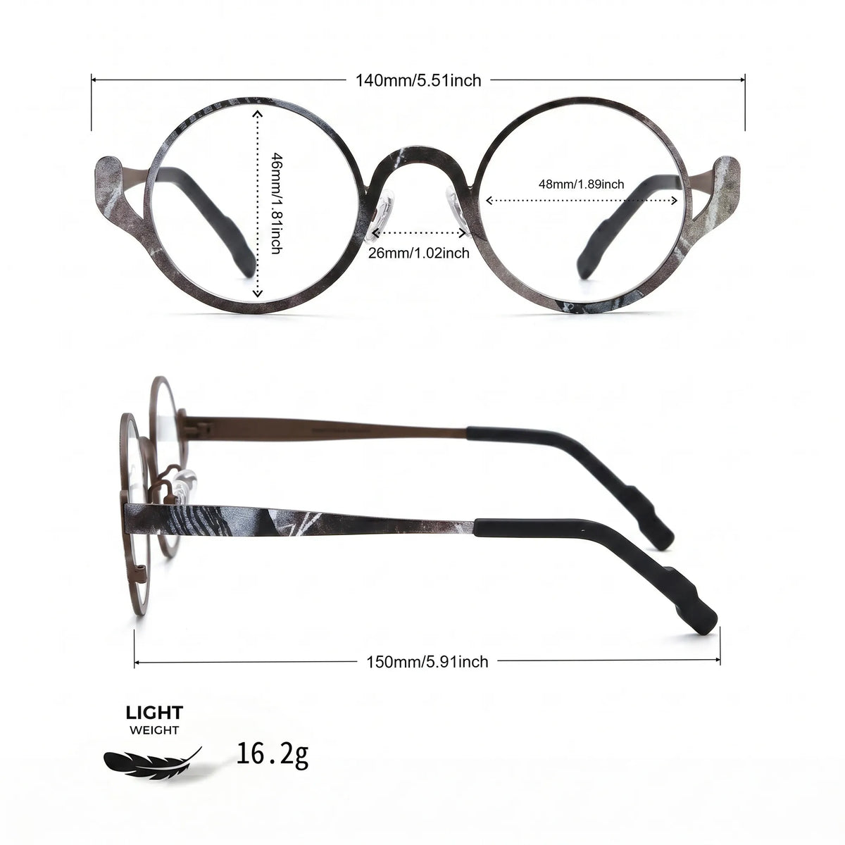 Barledear Smoky Cocoa eyeglasses size chart showing 140mm frame width, 48mm lens width, 46mm lens height, 26mm bridge width, and 150mm temple length