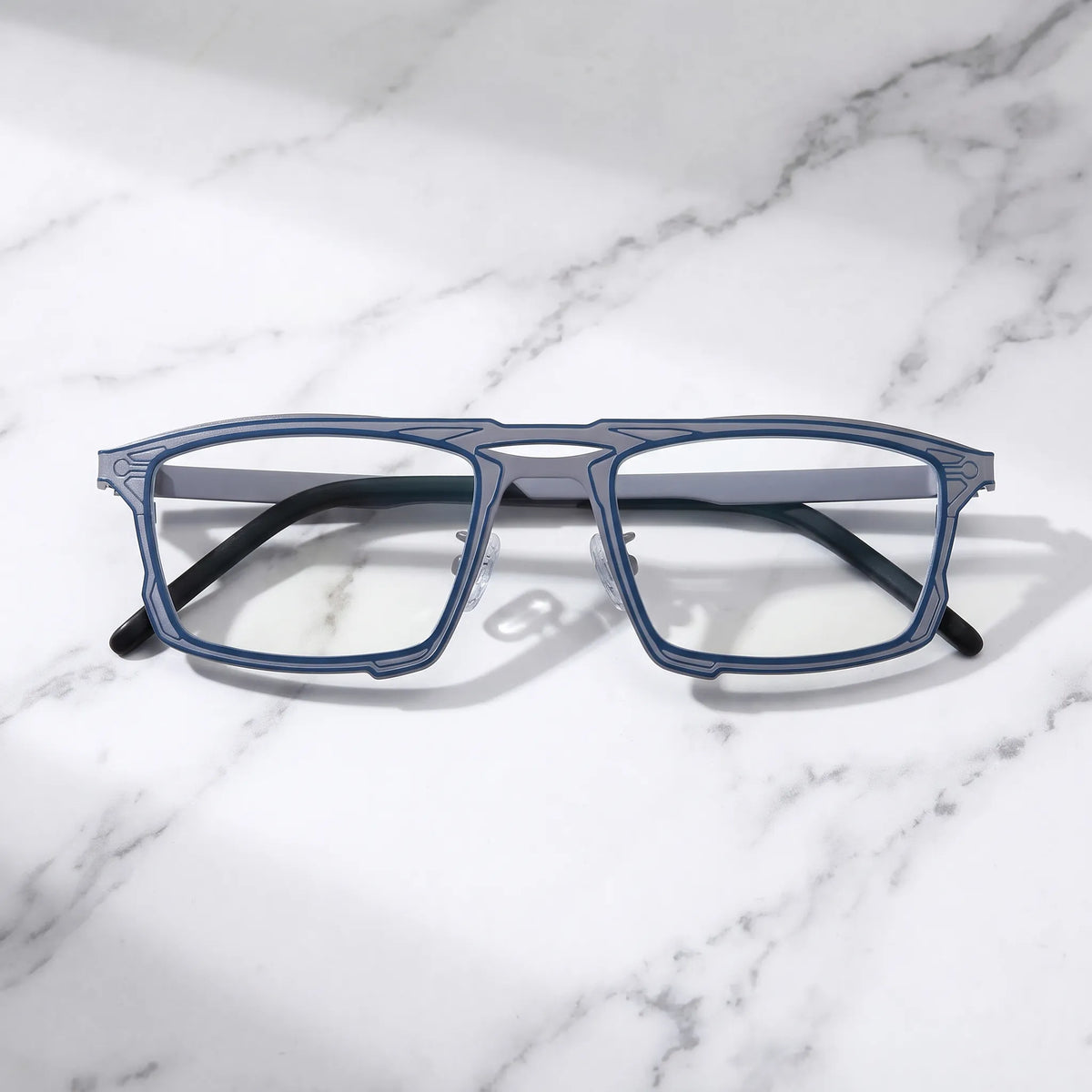Barledear Steel Blue Gray eyeglasses folded display showing slim titanium frame and temple design