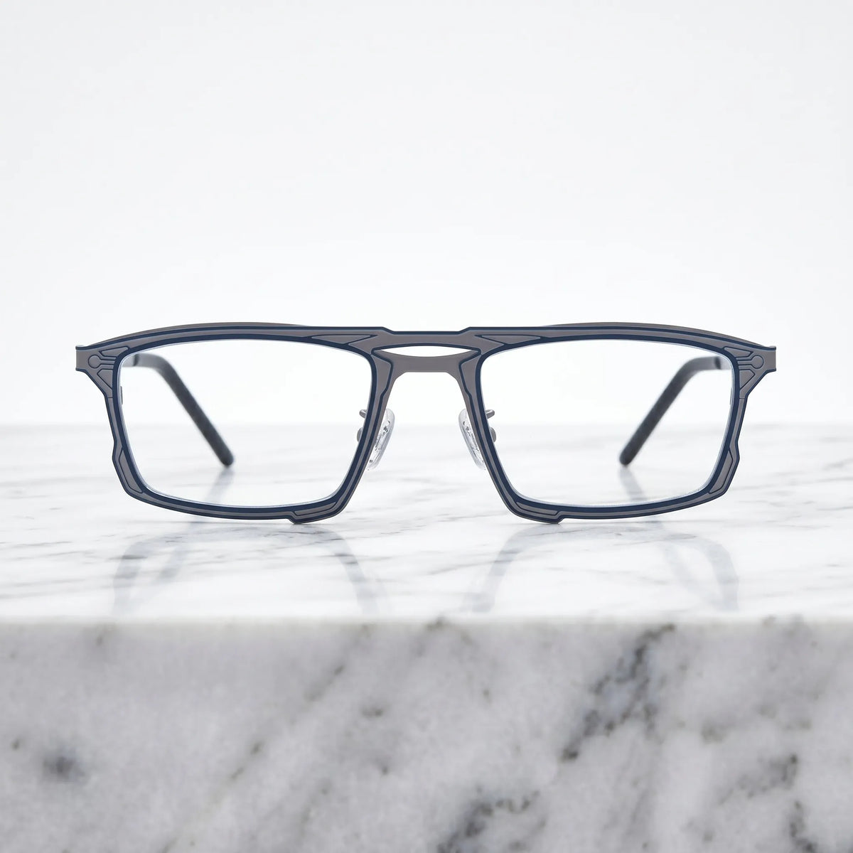 Barledear Steel Blue Gray eyeglasses shown in a clean lifestyle front view with modern square titanium frame styling