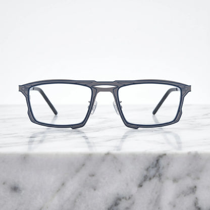 Barledear Steel Blue Gray eyeglasses shown in a clean lifestyle front view with modern square titanium frame styling