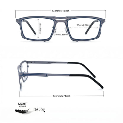 Barledear Steel Blue Gray eyeglasses size chart showing 138 mm frame width, 53 mm lens width, 35 mm lens height, 21 mm bridge, and 145 mm temple length