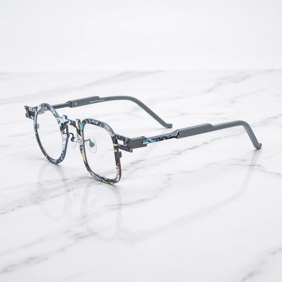 Barledear Storm Gray eyeglasses angled side view showing slim temples, extended side-bar detail, and adjustable nose pads