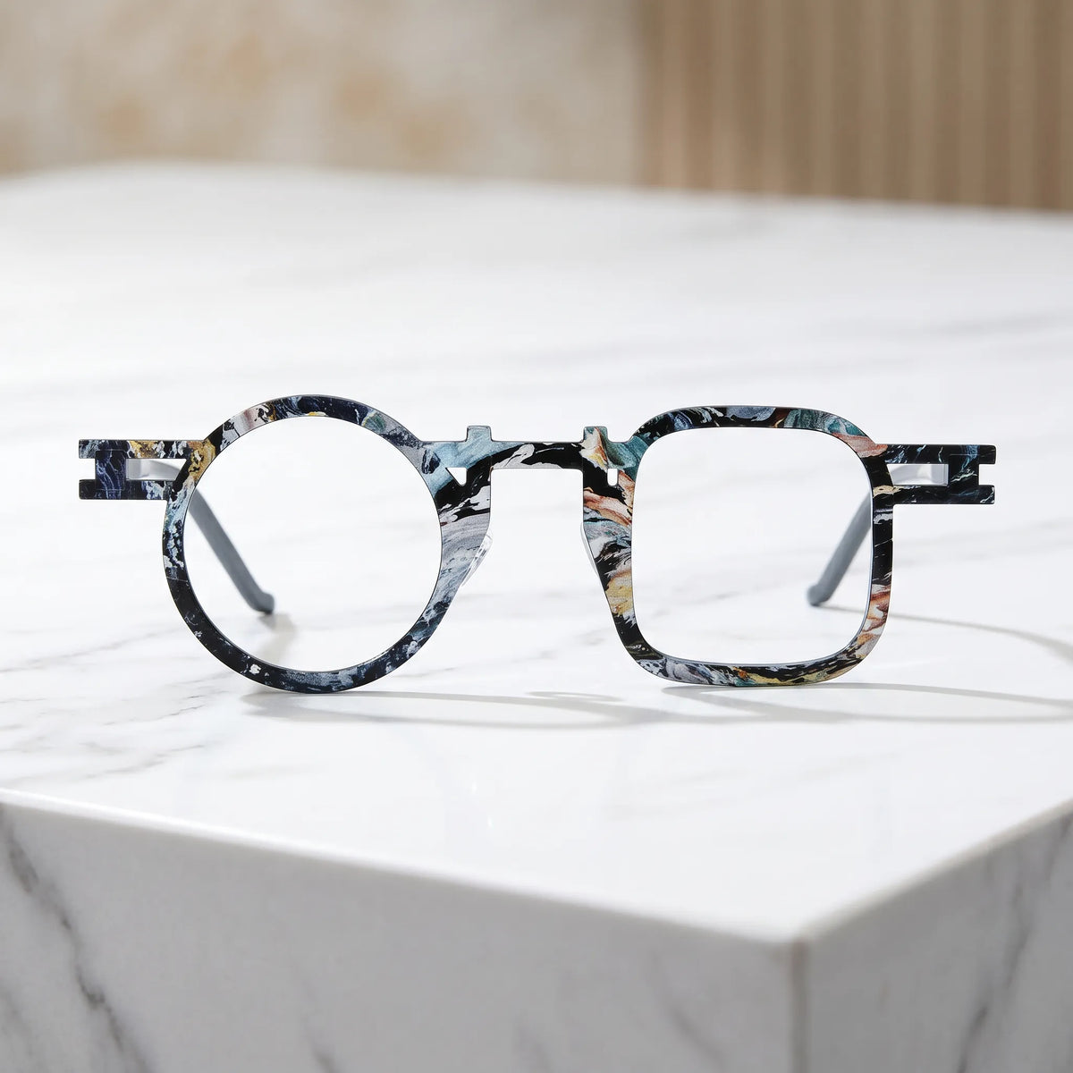 Barledear Storm Gray eyeglasses shown in a clean lifestyle front view with cool mosaic geometric frame detail
