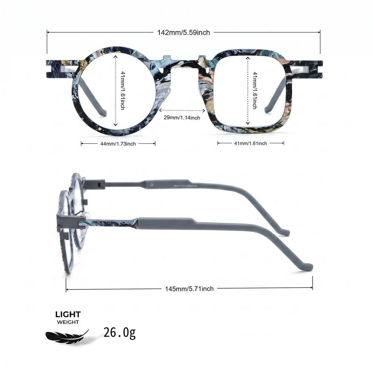 Barledear Storm Gray eyeglasses size chart showing 142mm frame width, 44mm left lens width, 41mm right lens width, 41mm lens height, 29mm bridge, and 145mm temple