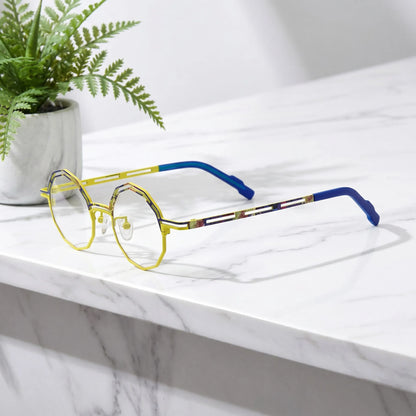 Barledear Sunlit Cobalt eyeglasses angled side view showing slim cutout temples and bridge detail