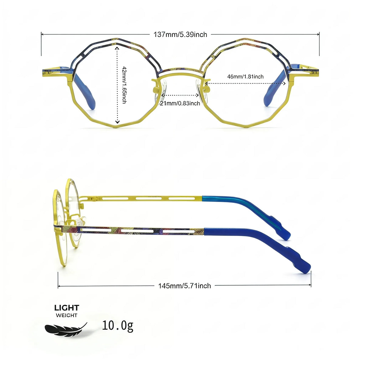 Barledear Sunlit Cobalt eyeglasses size chart with 137mm frame width 46mm lens width 21mm bridge and 145mm temples