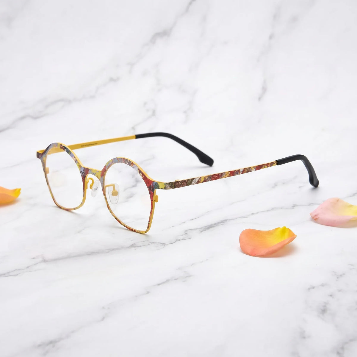 Barledear Sunlit Mosaic Yellow eyeglasses angled side view showing slim temples and adjustable nose pads