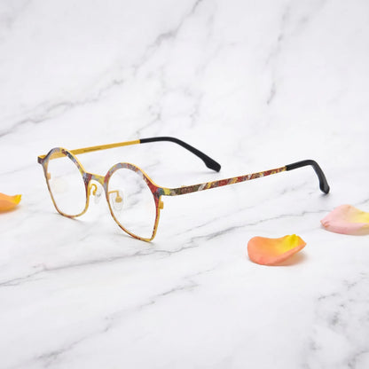 Barledear Sunlit Mosaic Yellow eyeglasses angled side view showing slim temples and adjustable nose pads