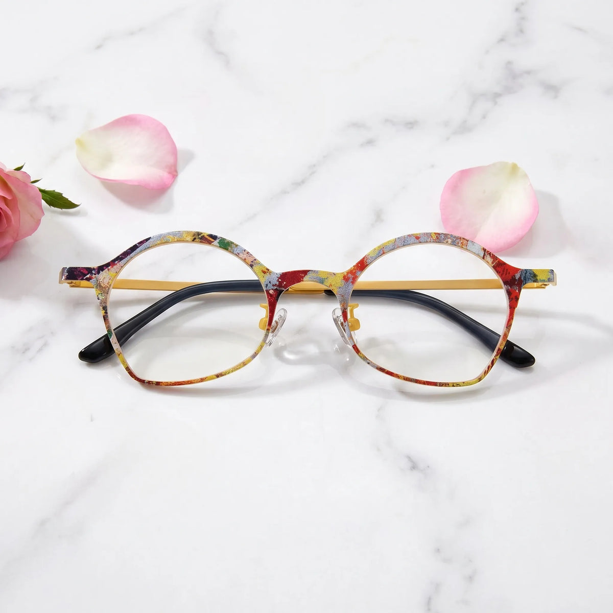 Barledear Sunlit Mosaic Yellow eyeglasses folded display showing patterned titanium frame and slim temples