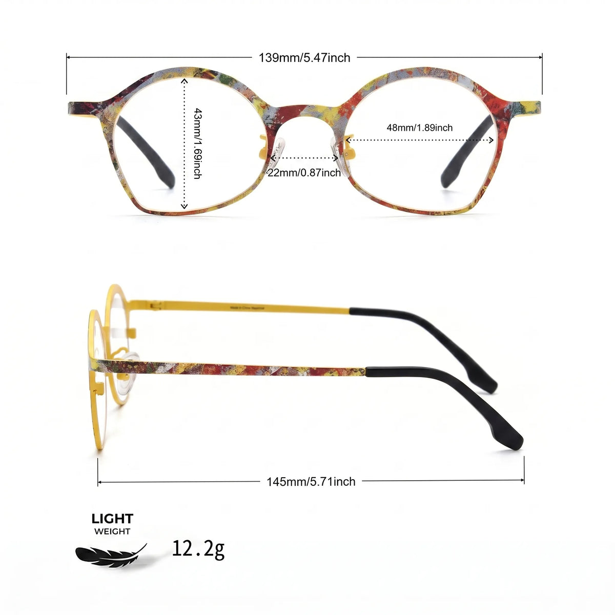 Barledear Sunlit Mosaic Yellow eyeglasses size chart with 139mm frame width 48mm lens width 43mm frame height 22mm bridge and 145mm temple length