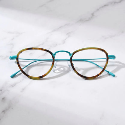 Barledear Sunlit Teal Tortoise eyeglasses folded display showing patterned acetate front and slim titanium temples