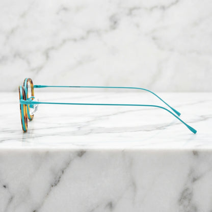 Barledear Sunlit Teal Tortoise eyeglasses angled side view showing slim temples bridge detail and adjustable nose pads