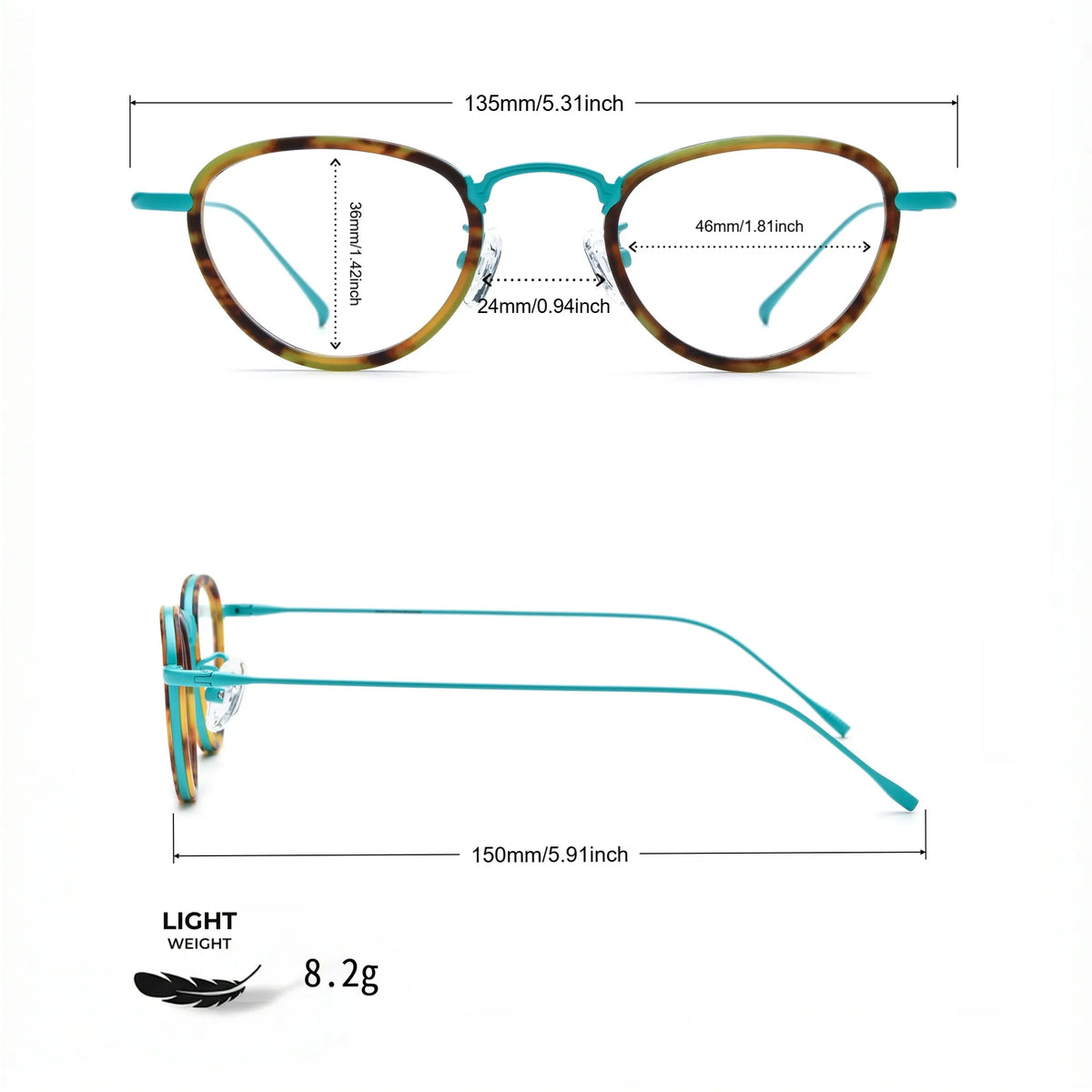 Barledear Sunlit Teal Tortoise eyeglasses size chart with 135mm frame width 46mm lens width 36mm lens height 24mm bridge 150mm temple and 8.2g lightweight design