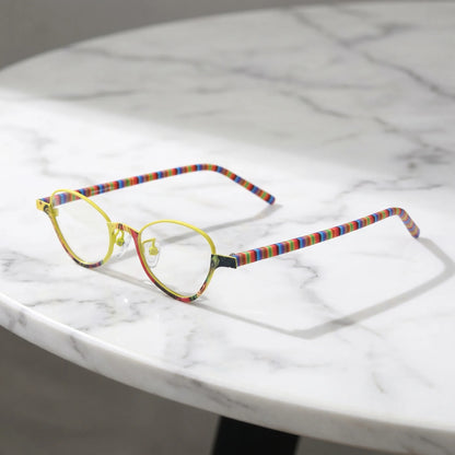 Barledear Sunshine Mosaic eyeglasses angled side view showing rainbow-patterned temples nose pads and bridge detail