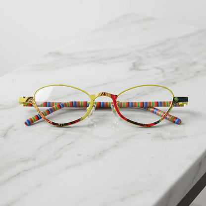 Barledear Sunshine Mosaic eyeglasses folded display showing colorful patterned temples and lightweight titanium frame