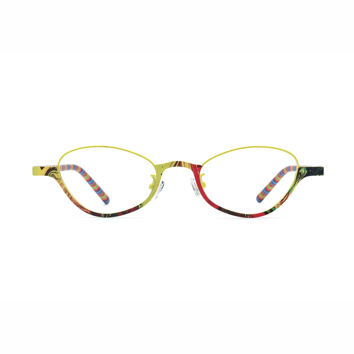 Barledear Sunshine Mosaic oval titanium eyeglasses front view with yellow frame and colorful rainbow-patterned temples