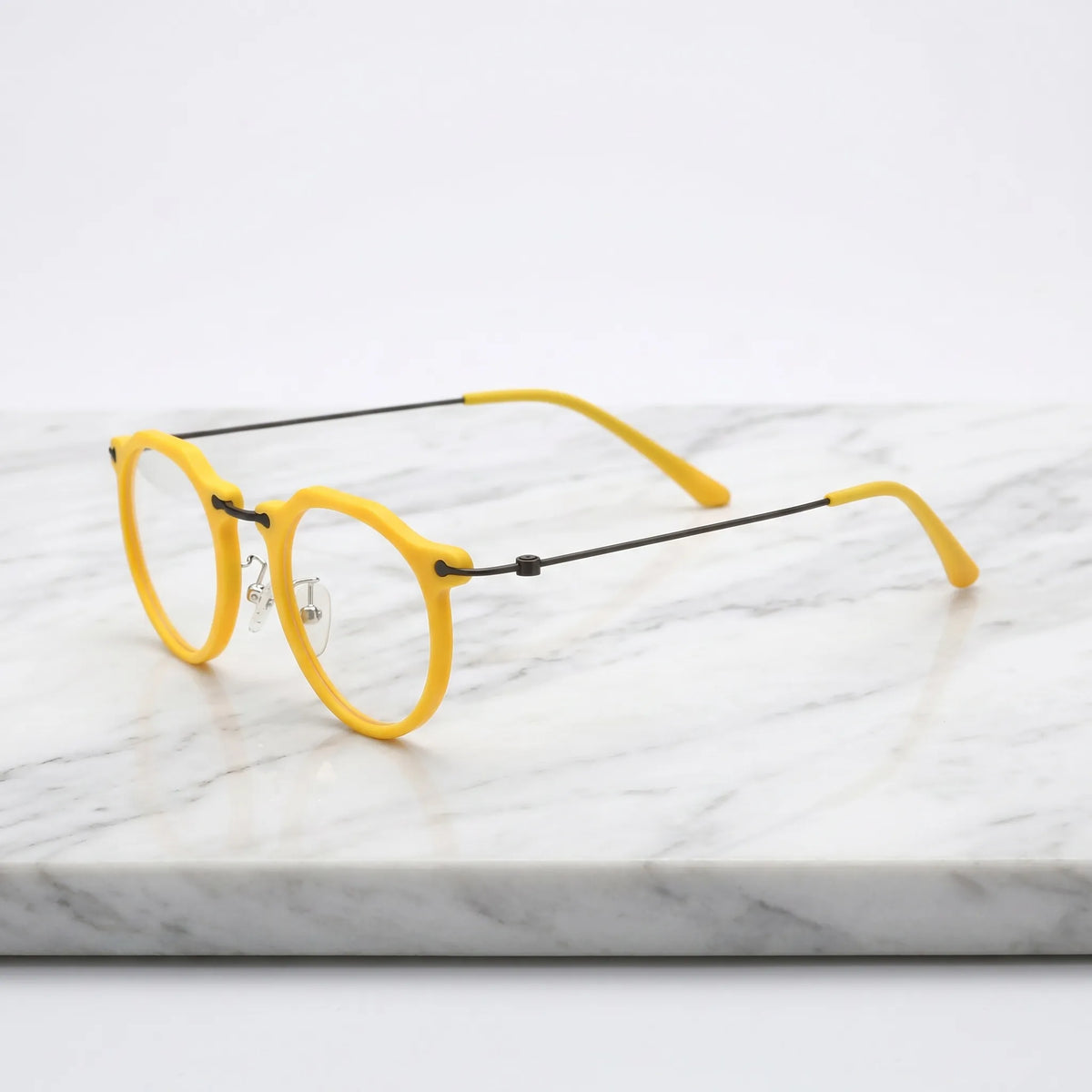 Barledear Sunshine Yellow eyeglasses angled side view showing slim wire temples adjustable nose pads and bridge detail