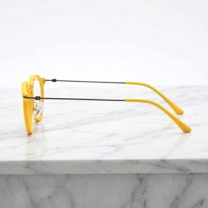 Barledear Sunshine Yellow eyeglasses angled side view showing slim wire temples adjustable nose pads and bridge detail