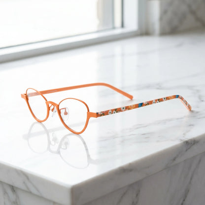Barledear Tangerine Bloom eyeglasses angled side view showing orange temples clear nose pads and bridge detail
