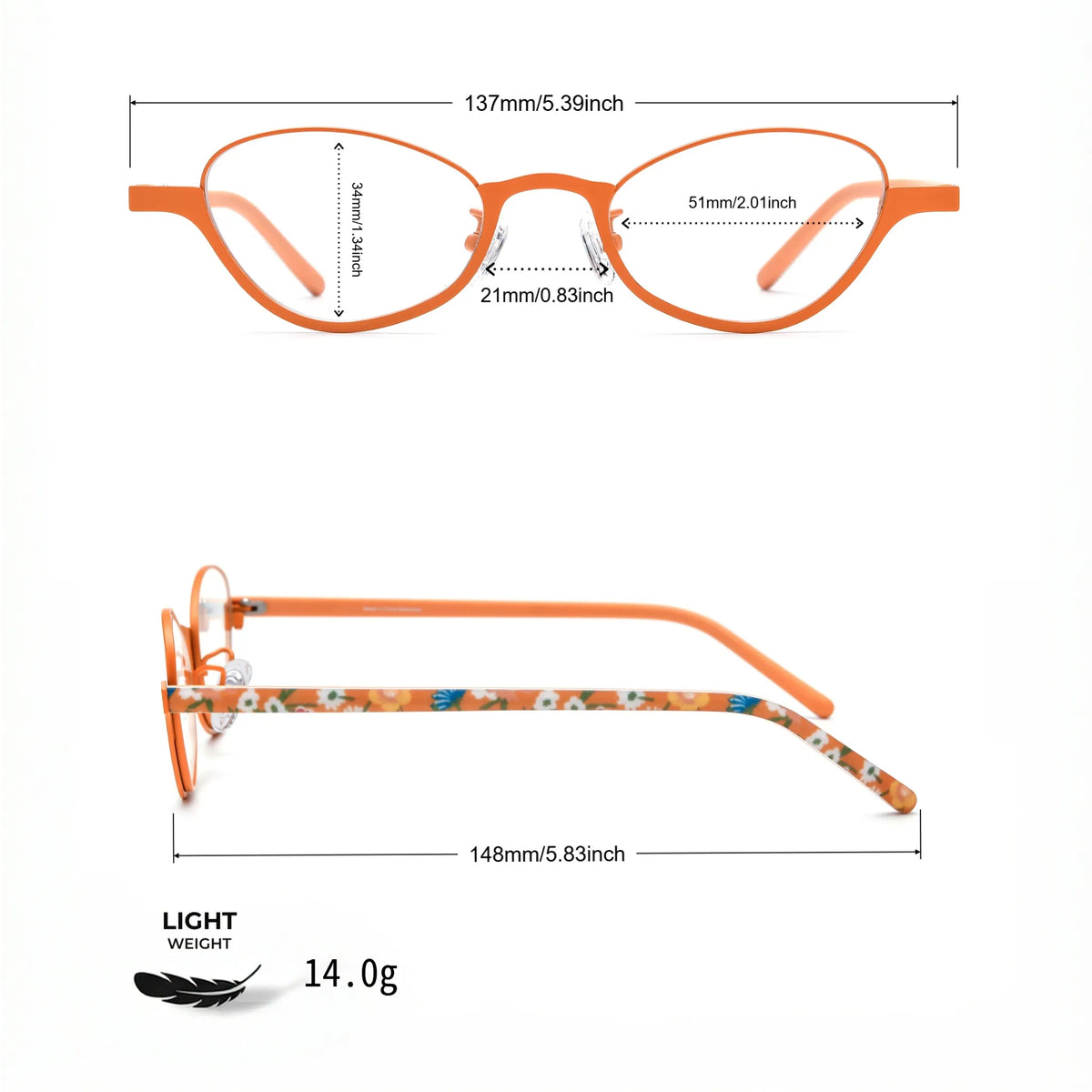 Barledear Tangerine Bloom eyeglasses size chart with 137 mm frame width 51 mm lens width 34 mm lens height 21 mm bridge and 148 mm temple length
