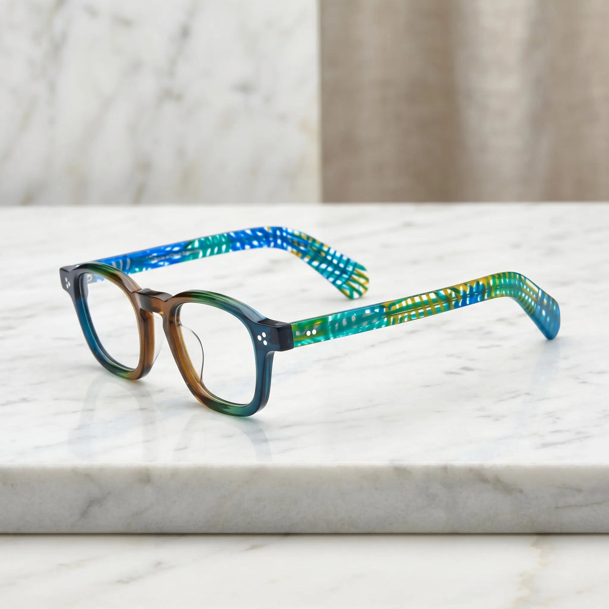 Barledear Teal Grove eyeglasses angled side view showing colorful acetate temples and bridge detail