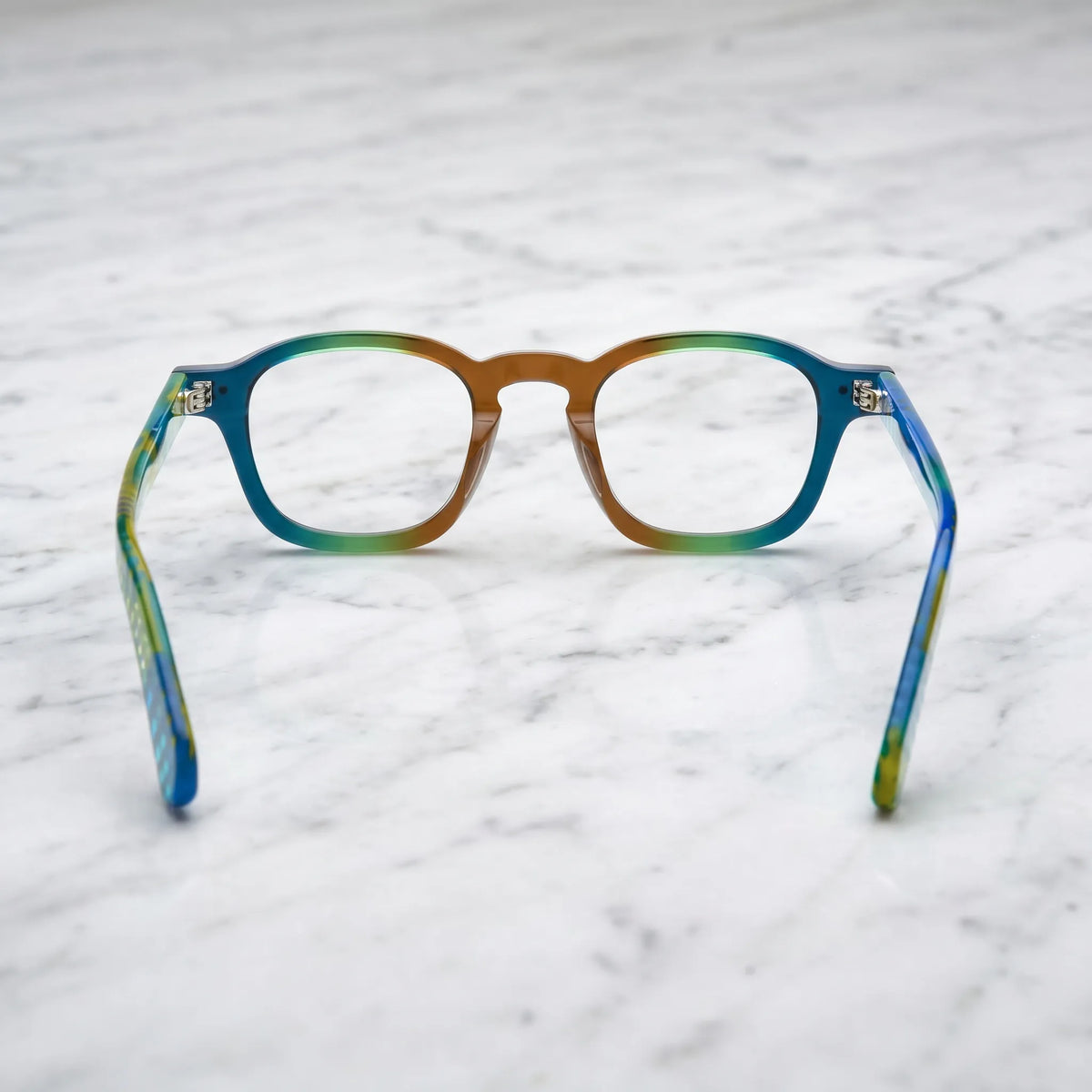 Barledear Teal Grove eyeglasses back view showing integrated nose pads, temple shape, and full-rim frame structure