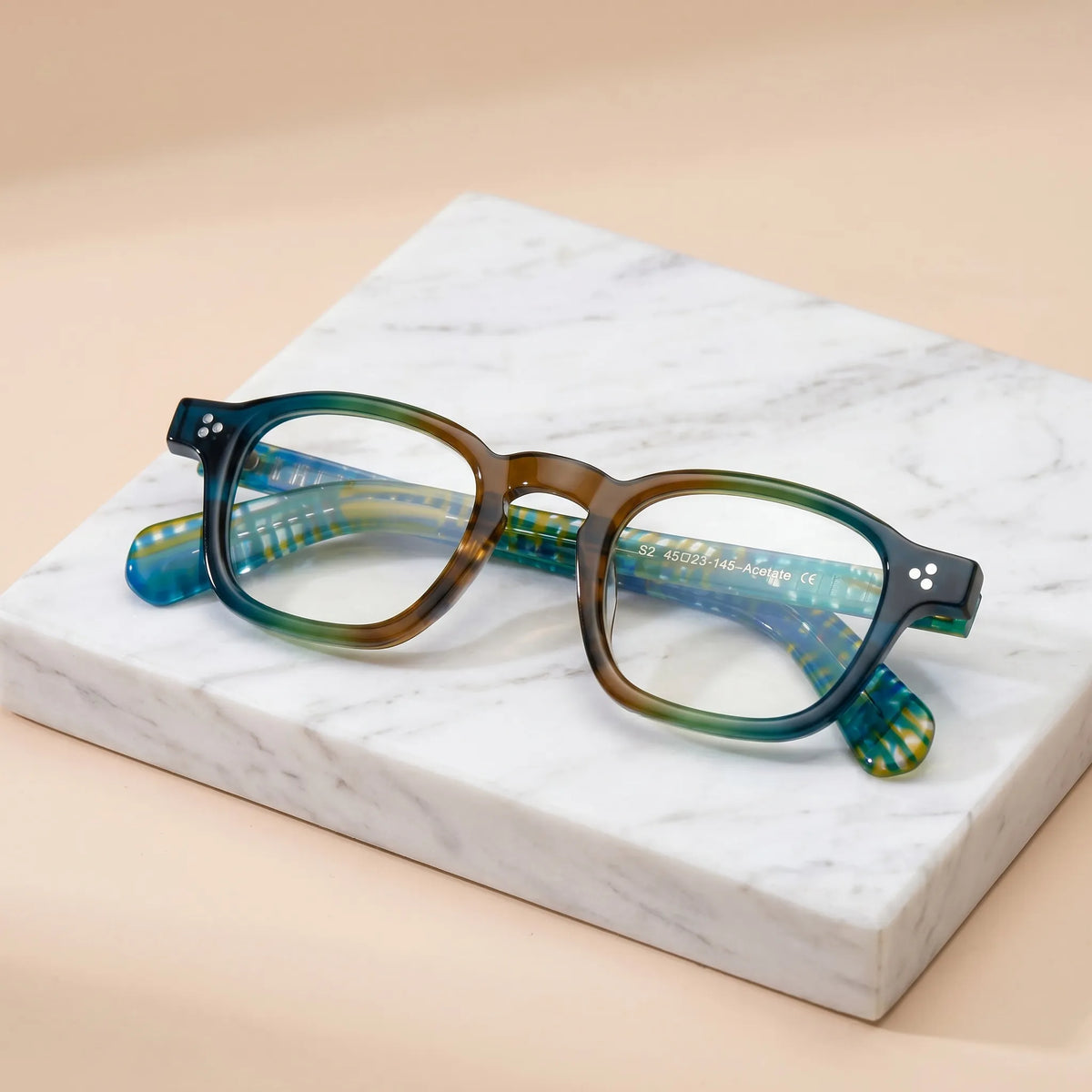 Barledear Teal Grove eyeglasses folded display showing full-rim acetate frame and patterned temple design