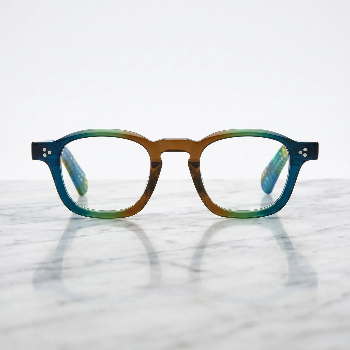 Barledear Teal Grove eyeglasses shown in a clean lifestyle front view with colorful square acetate styling