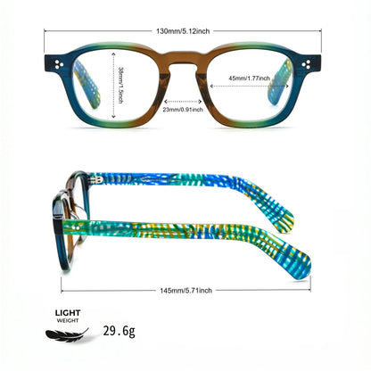 Barledear Teal Grove eyeglasses size chart with 130 mm frame width, 45 mm lens width, 38 mm lens height, 23 mm bridge, 145 mm temple length, and 29.6 g frame weight