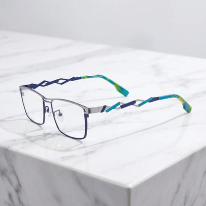 Barledear Titan Sky Blue eyeglasses angled side view showing futuristic geometric cutout temples and slim bridge detail