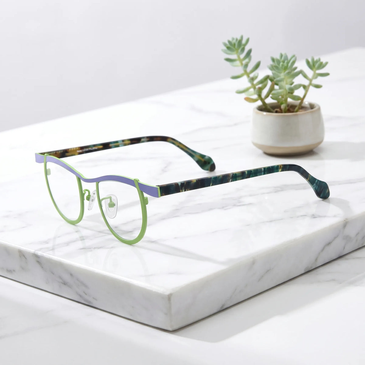 Barledear Violet Lime Tortoise eyeglasses angled side view showing slim temples and bridge detail