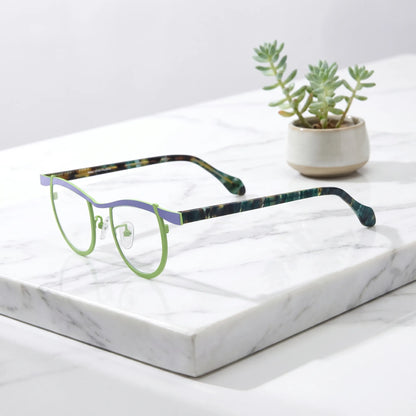 Barledear Violet Lime Tortoise eyeglasses angled side view showing slim temples and bridge detail