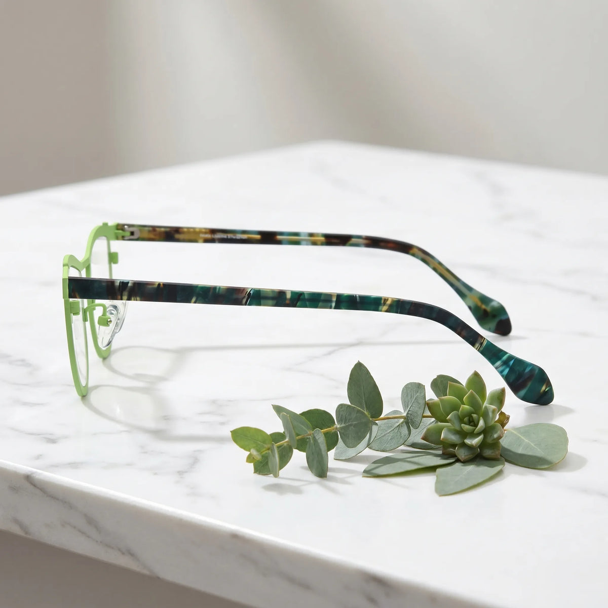 Barledear Violet Lime Tortoise eyeglasses angled side view showing slim temples and bridge detail