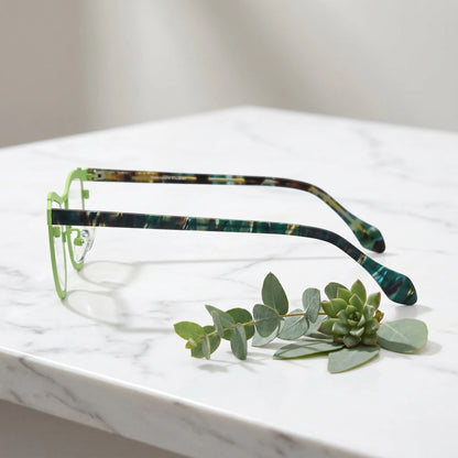 Barledear Violet Lime Tortoise eyeglasses angled side view showing slim temples and bridge detail