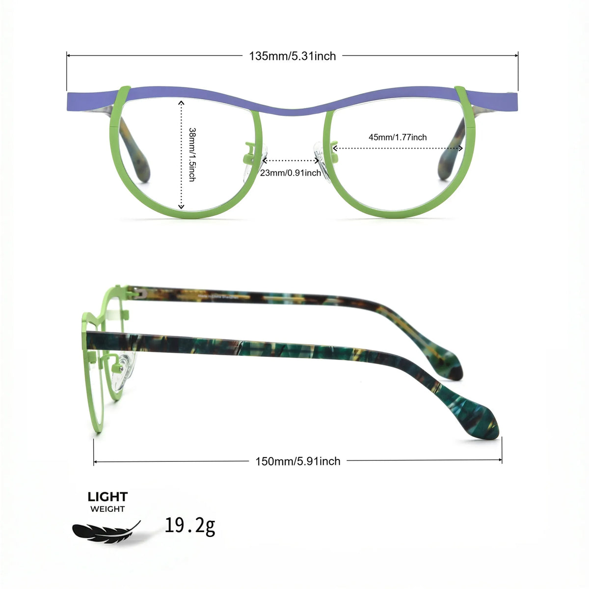 Barledear Violet Lime Tortoise eyeglasses size chart with frame width lens width bridge and temple measurements