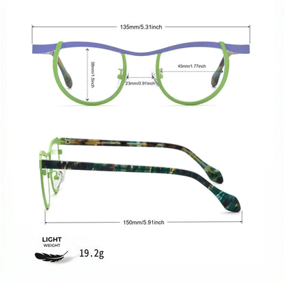 Barledear Violet Lime Tortoise eyeglasses size chart with frame width lens width bridge and temple measurements