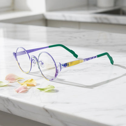Barledear Violet Meadow eyeglasses angled side view showing slim temples, adjustable nose pads, and a lightweight round full-rim titanium frame