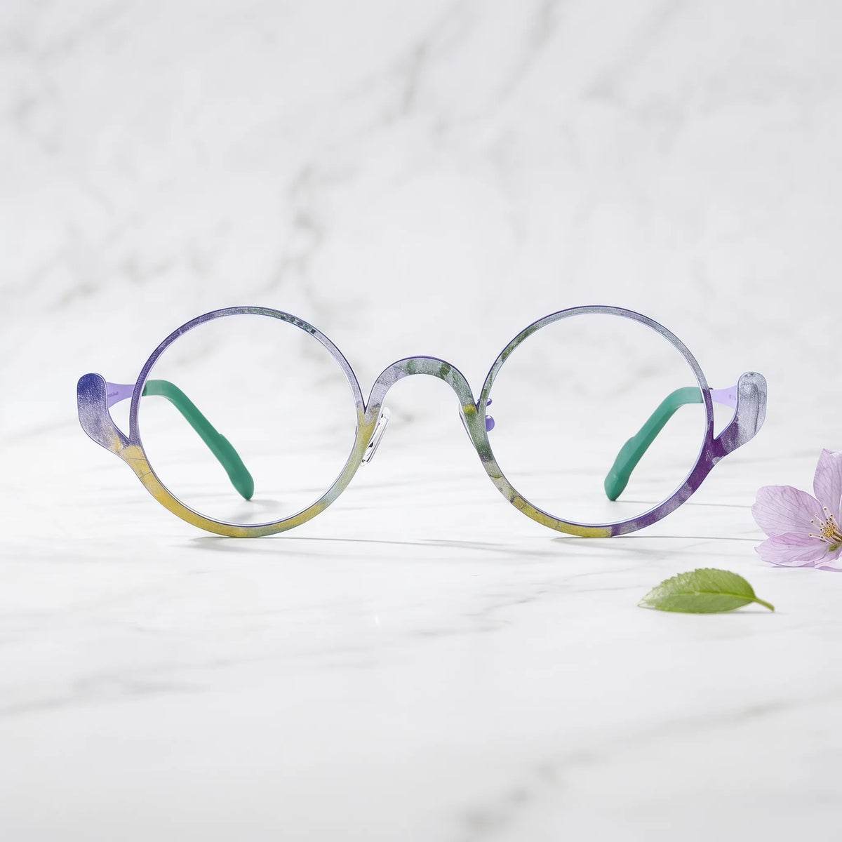 Barledear Violet Meadow eyeglasses shown in a clean lifestyle front view highlighting the artistic round pure titanium frame and modern everyday style