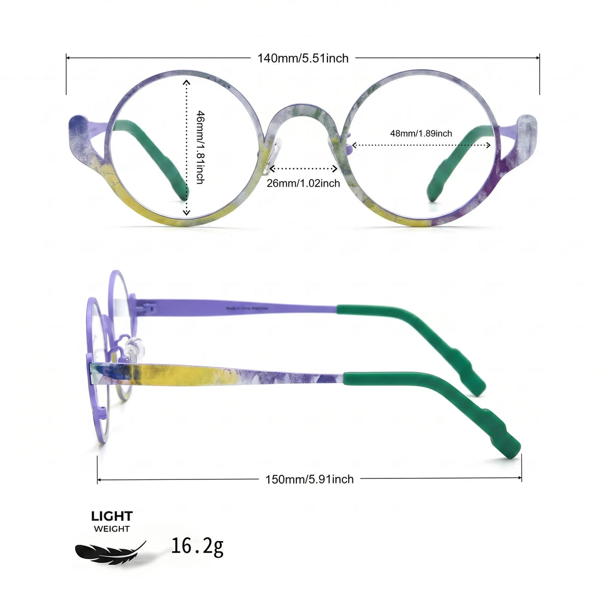 Barledear Violet Meadow eyeglasses size chart showing 140mm frame width, 48mm lens width, 46mm lens height, 26mm bridge width, and 150mm temple length