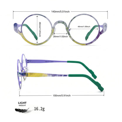 Barledear Violet Meadow eyeglasses size chart showing 140mm frame width, 48mm lens width, 46mm lens height, 26mm bridge width, and 150mm temple length